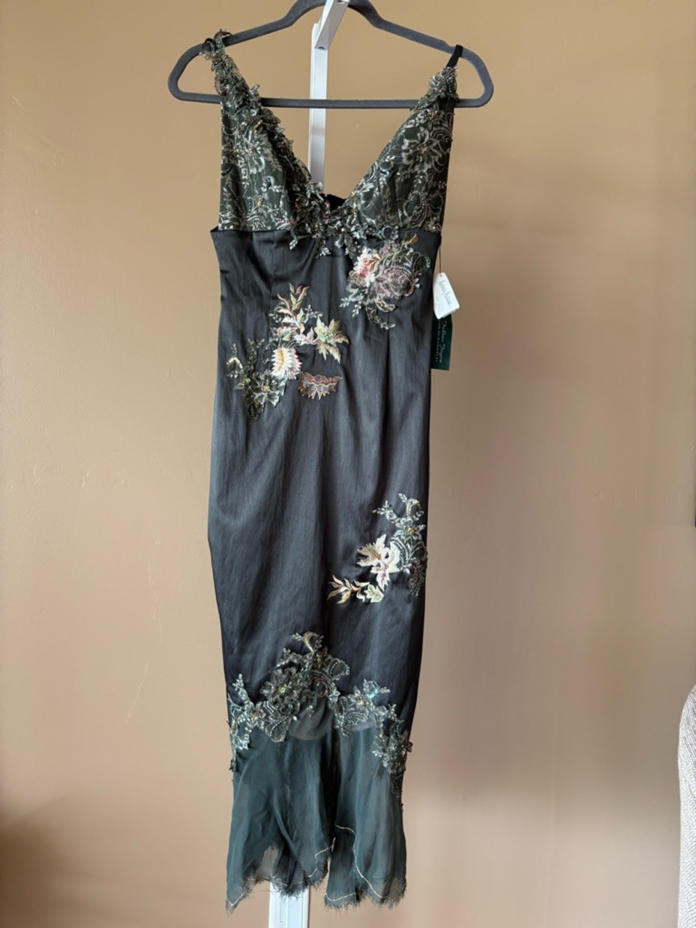 Mandalay Embroidered V-Neck Floral Slip Dress - Olive Green - Picture 4 of 15